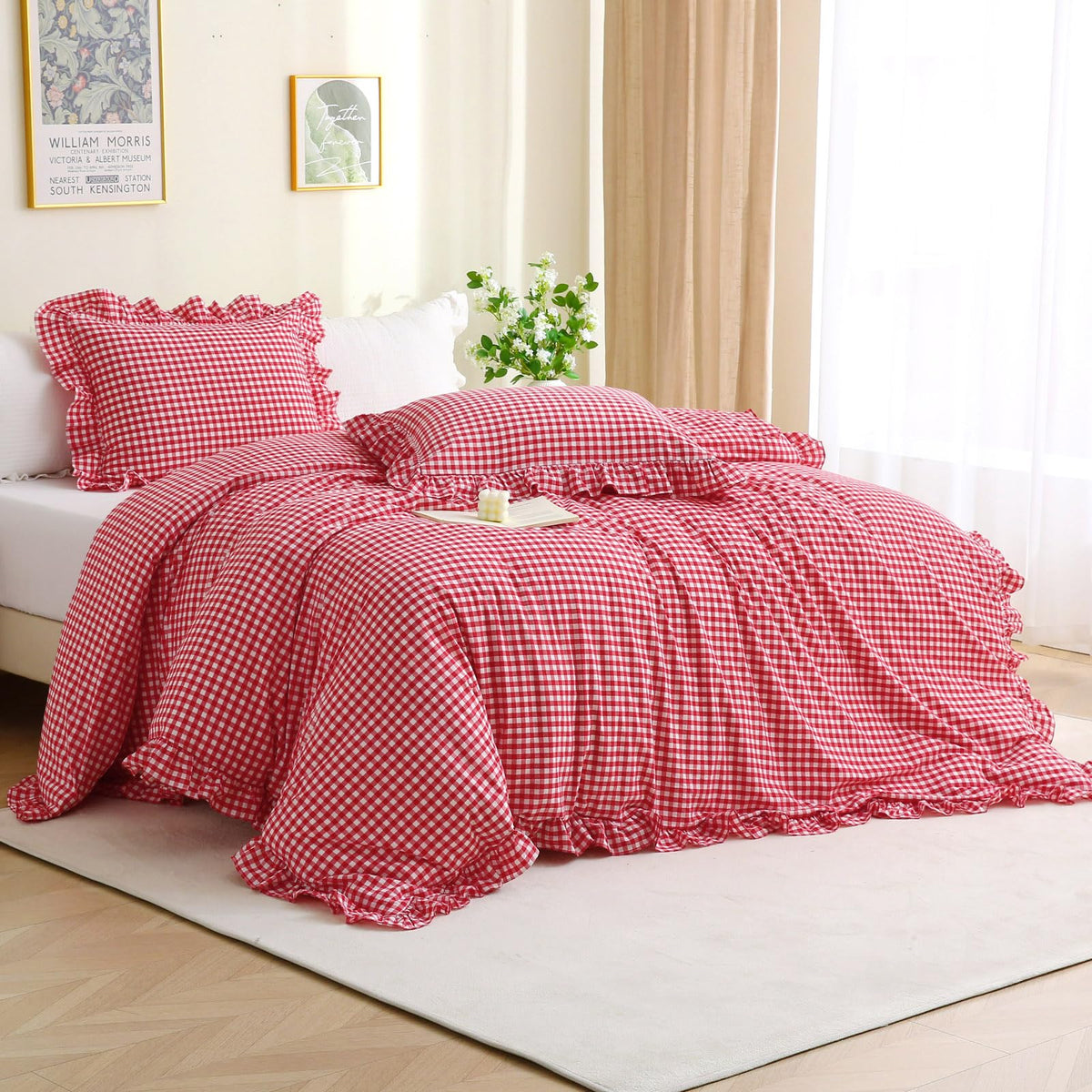 Silnuo Light Blue/White Gingham Plaid Ruffle Duvet Cover Set King Size