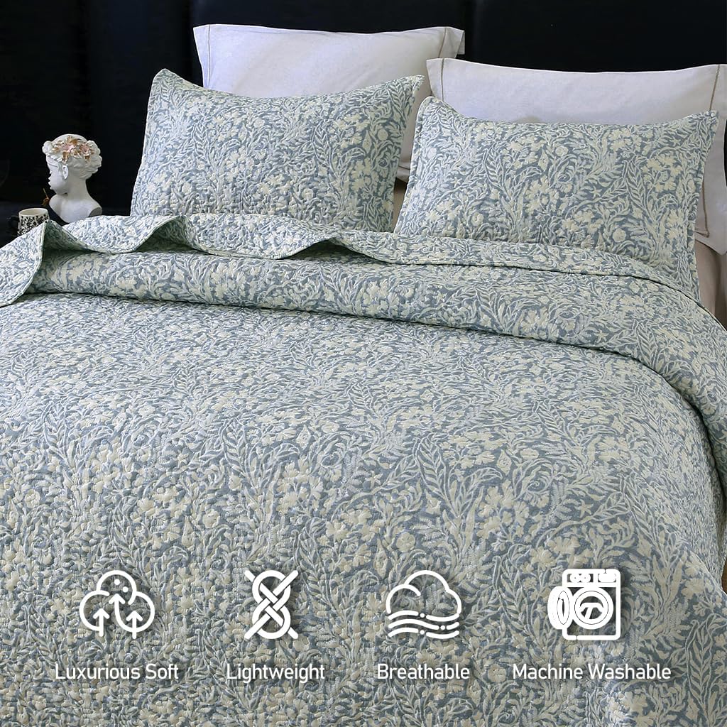 DURLENGEN Botanical Quilt California King Size,Reversible Bedding Set,Beige