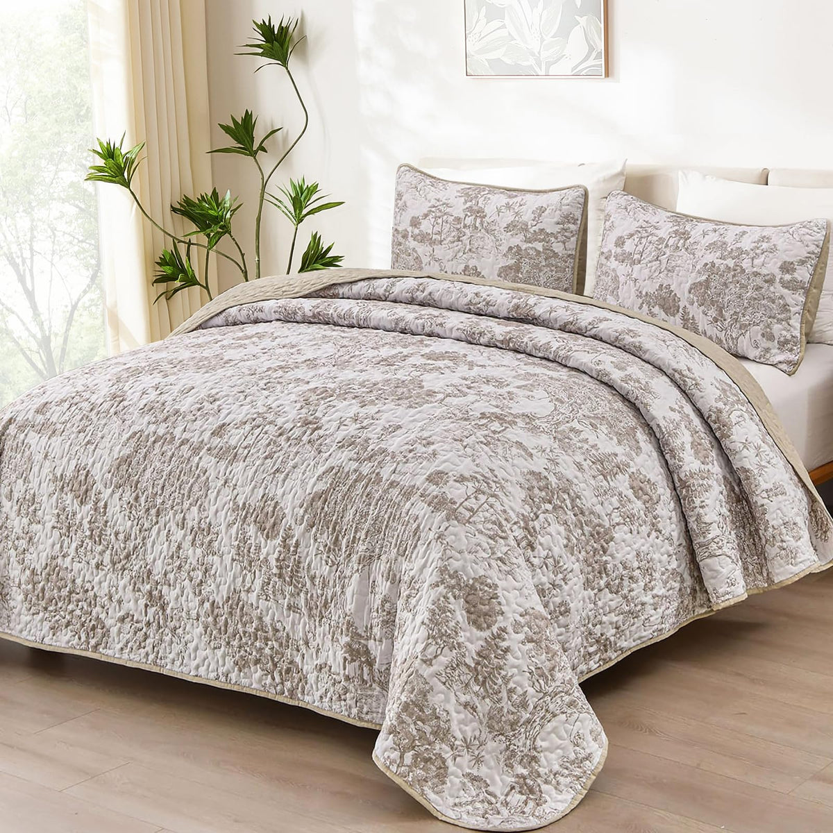 WONGS BEDDING Sage Green Quilt Set King Size, Botanical Floral Bedspread