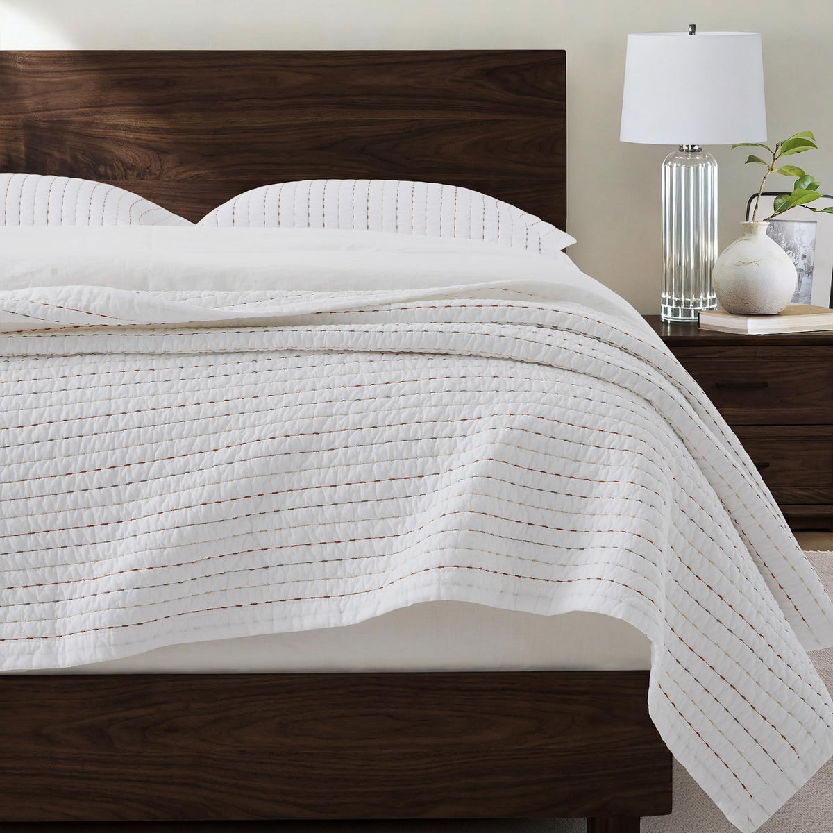 HORIMOTE HOME 100% Cotton Quilt Set Twin Size, White Pre-Washed 2-Piece Bedspread Coverlet Set, Cozy Lightweight Stitching Decorative Bedding Cover with 1 Shams in Geometric Pattern for All Season