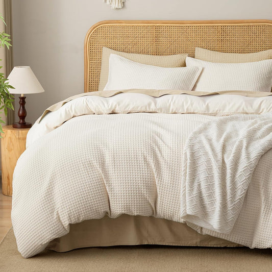 David's Home Textured Waffle Weave Duvet Cover Set, Twin, Cannoli Cream