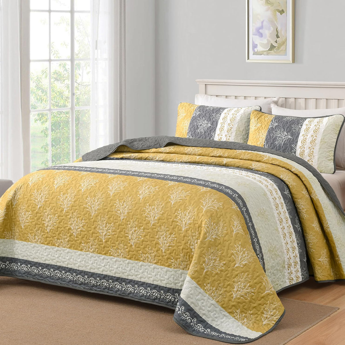 DJY Queen Quilt Set, Lightweight Striped Bedspread Bedding Set, Dark Brown