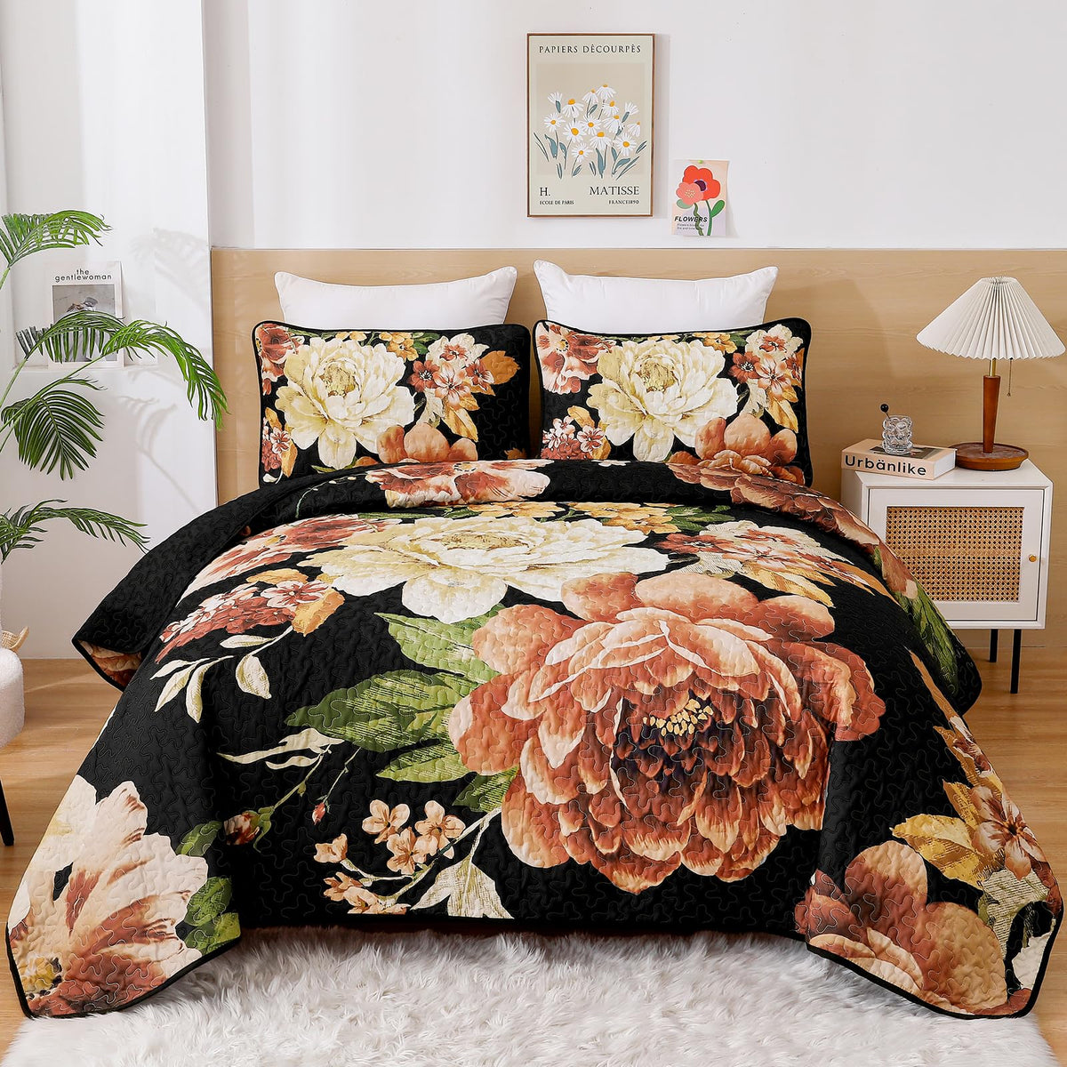WONGS BEDDING Fall Quilt King Size, 3 Pcs Taupe Floral Bedspread Bedding