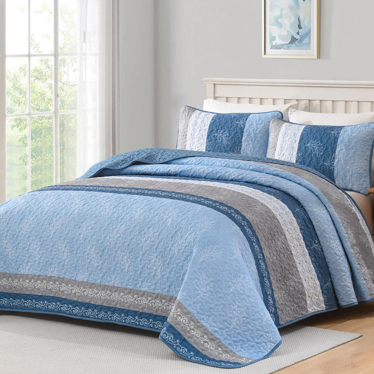 DJY Queen Quilt Set, Lightweight Striped Bedspread Bedding Set, Dark Brown