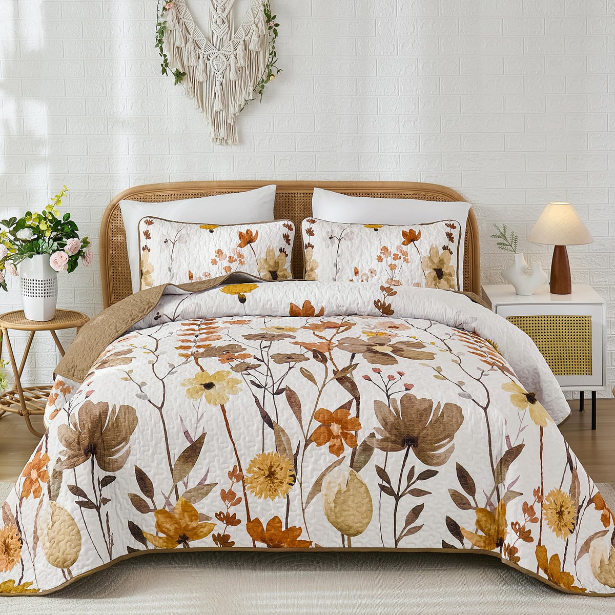 Anibedding Floral Quilt Set King, 3 Pieces Yellow Lightweight Bedspread