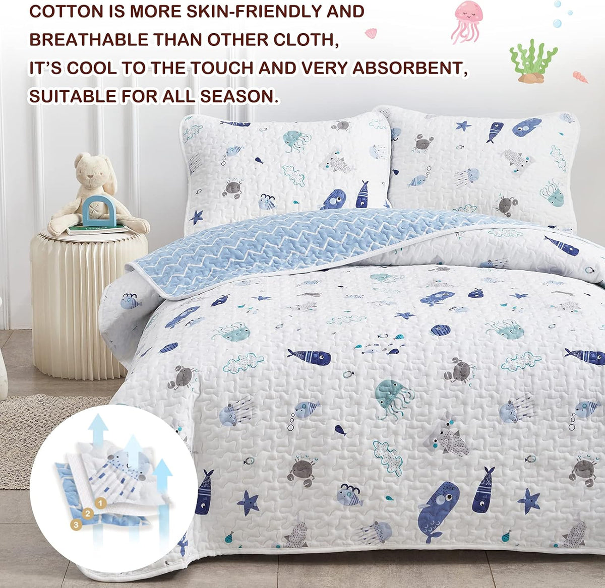 Joyreap 2-Piece Cotton Quilt Set Twin, Vibrant Ocean Theme Starfish Whale Crab Printed on White, Smooth Soft Quilt Bedspread Bed Cover for All Season, 1 Quilt and 1 Pillow Sham- 68x86 inches
