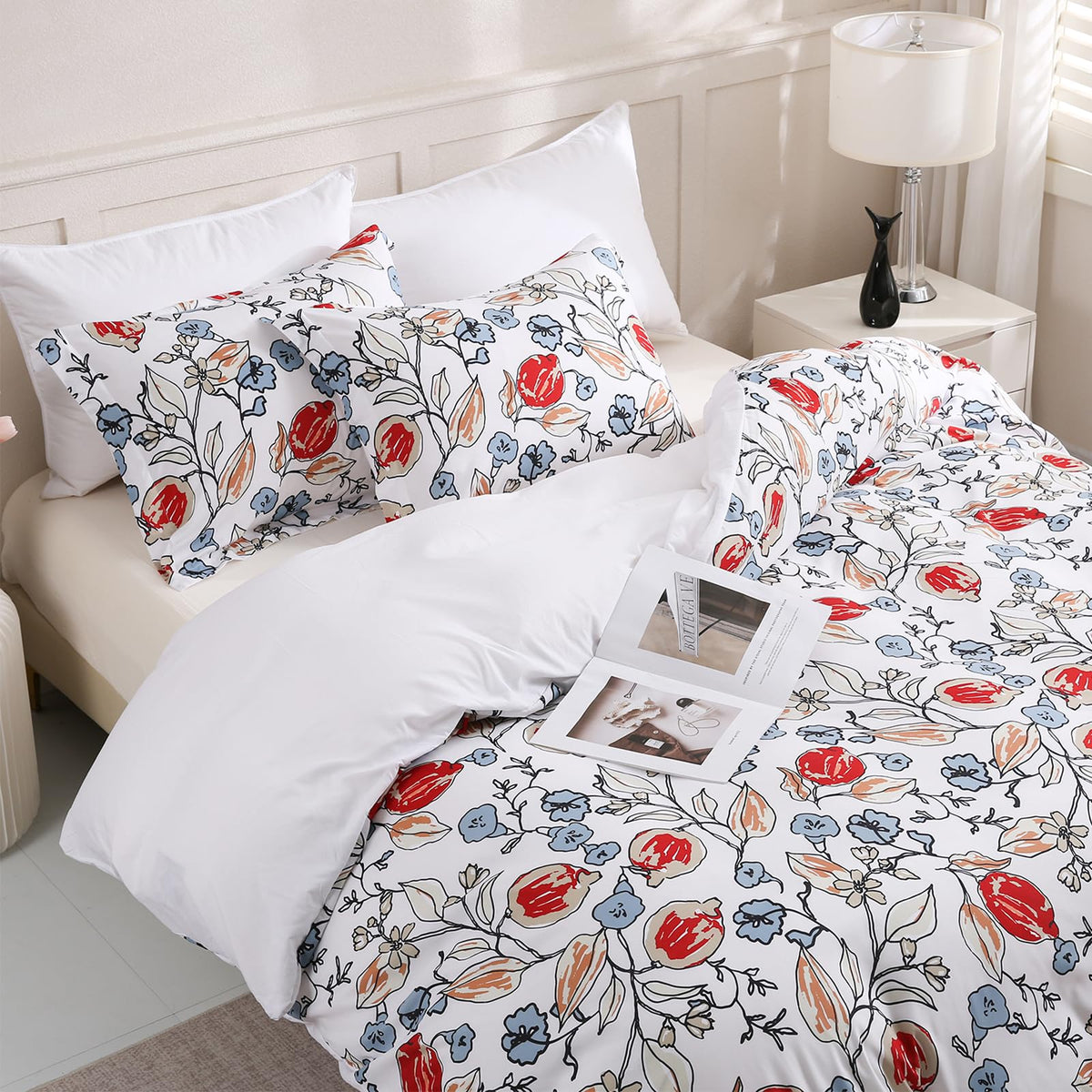 LONAVA Queen Floral 3 Pcs Duvet Cover Set, Breathable Soft Microfiber Glass Green Lining Comforter Cover with Zipper Closure, and 2 Anti-Pilling, Fade Resistant Pillowcases, Fall Floral