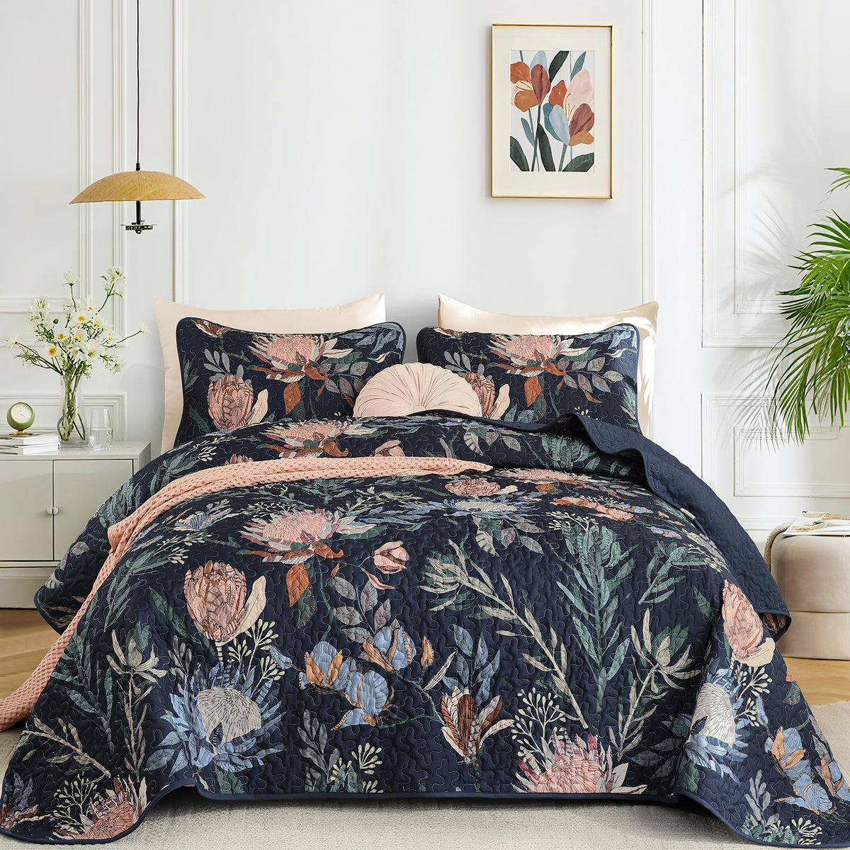 Dintszyayue Quilt King Size Green, 3 Pcs Boho Floral Bedspread Bedding Set