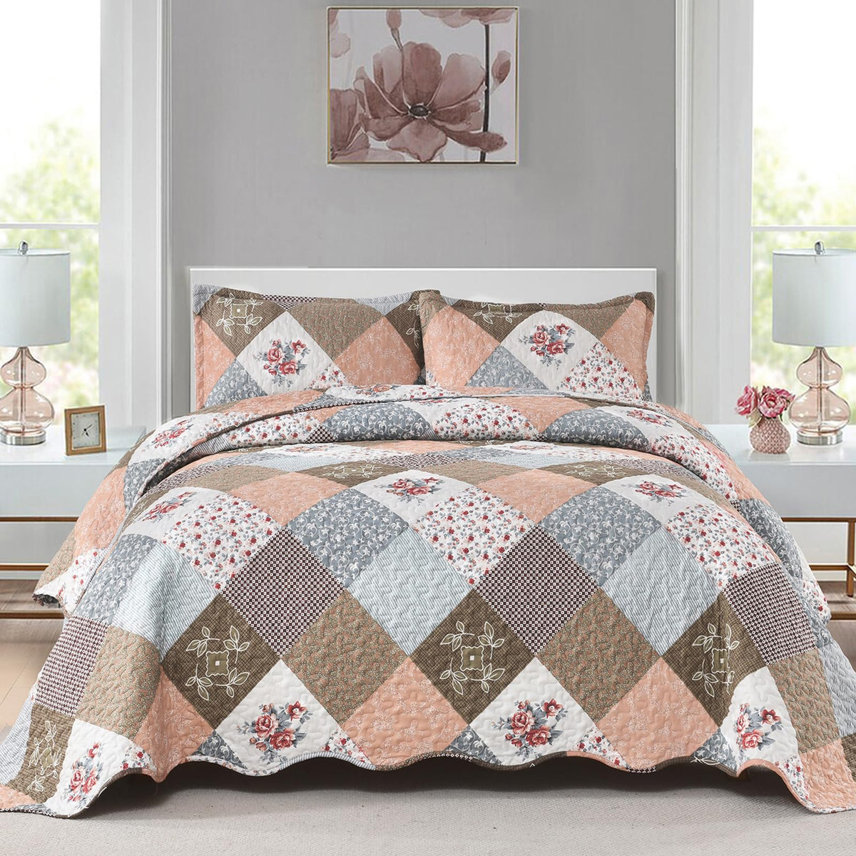 Dinjoy Boho Quilt Set Full Size, Patchwork Floral Bedspreads, Purple
