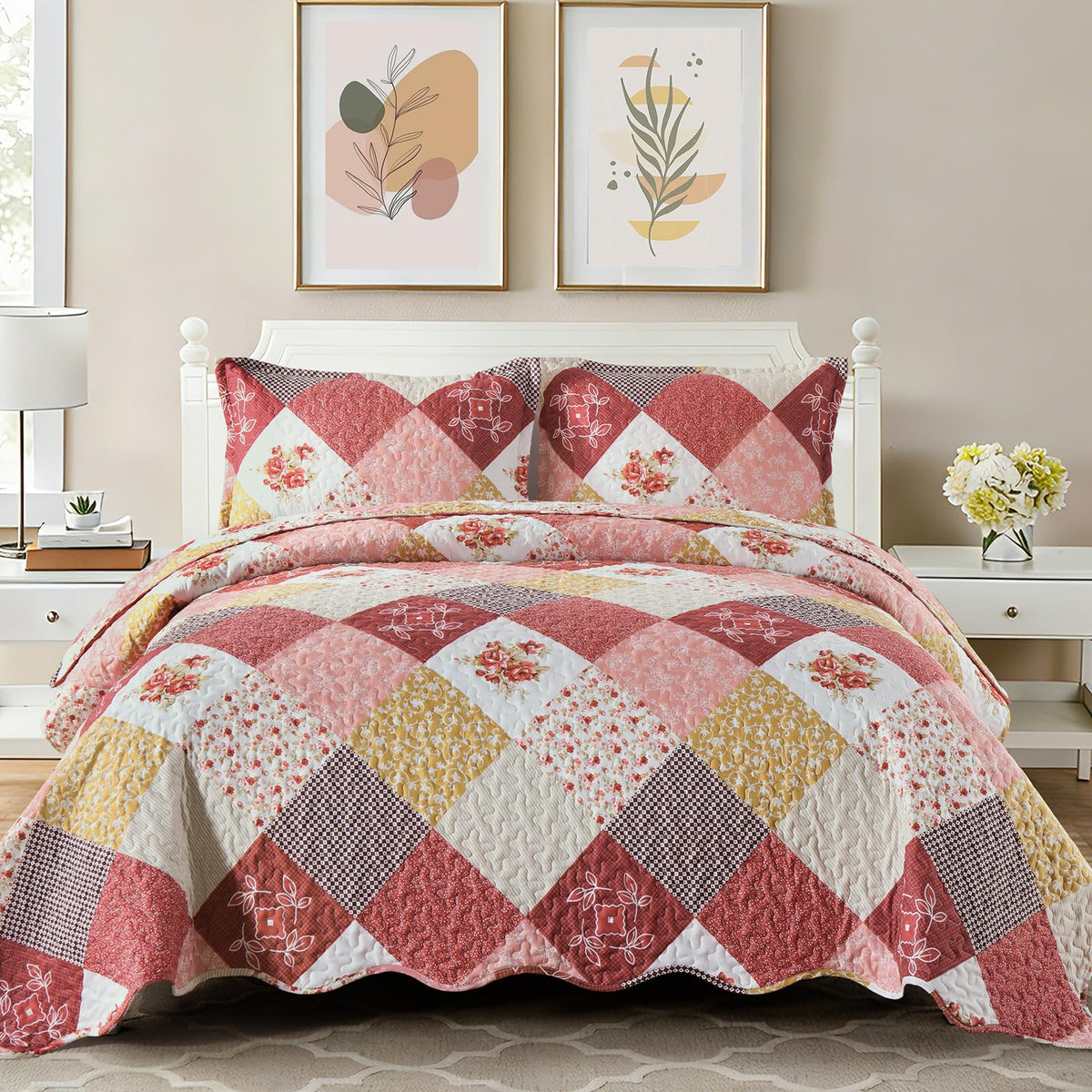 Dinjoy Boho Quilt Set Full Size, Patchwork Floral Bedspreads, Purple