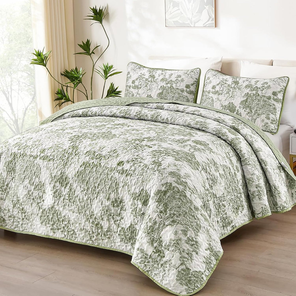 WONGS BEDDING Sage Green Quilt Set King Size, Botanical Floral Bedspread