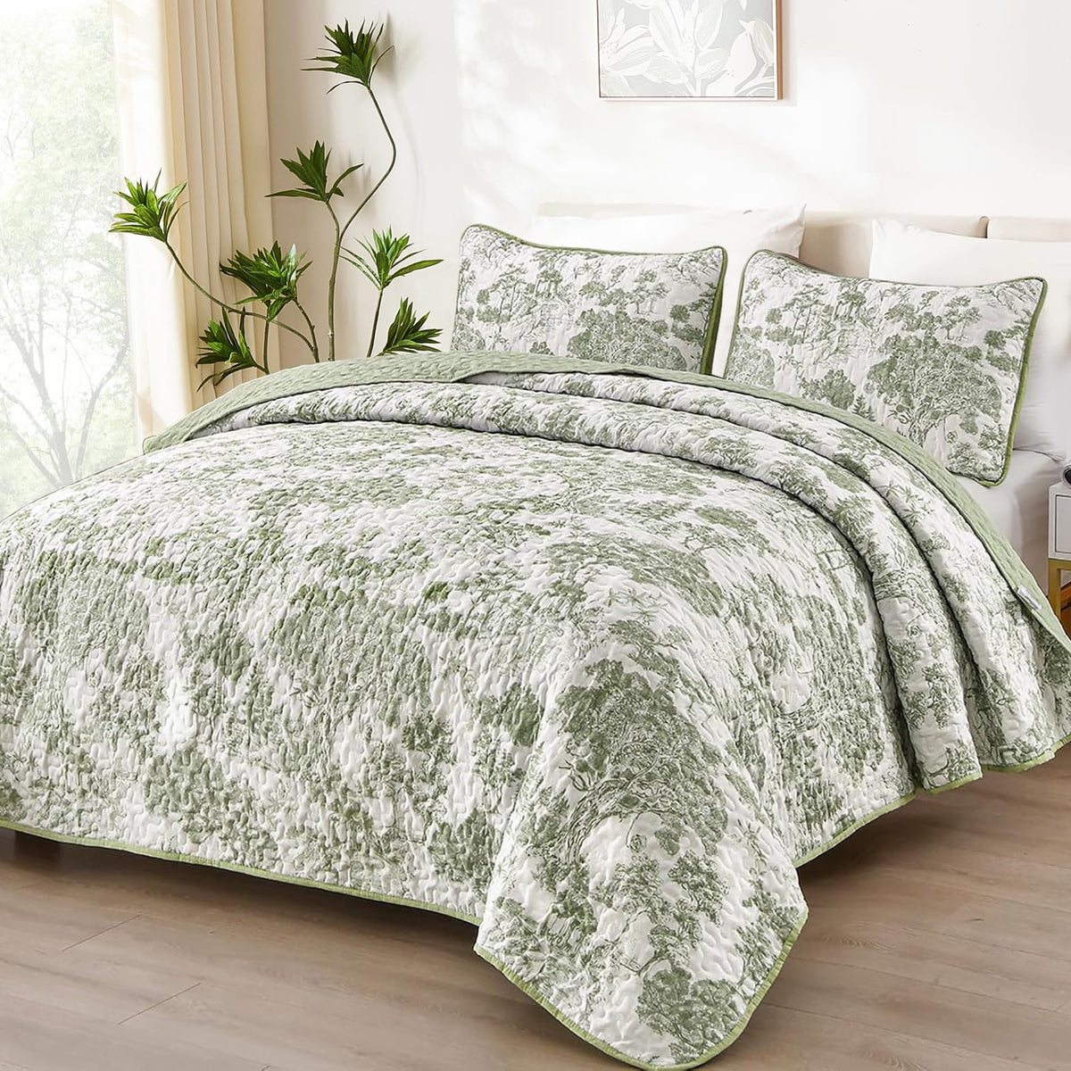 WONGS BEDDING Sage Green Quilt Set King Size, Botanical Floral Bedspread