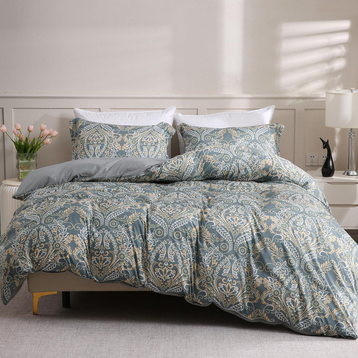 LONAVA Queen Floral 3 Pcs Duvet Cover Set, Breathable Soft Microfiber Glass Green Lining Comforter Cover with Zipper Closure, and 2 Anti-Pilling, Fade Resistant Pillowcases, Fall Floral