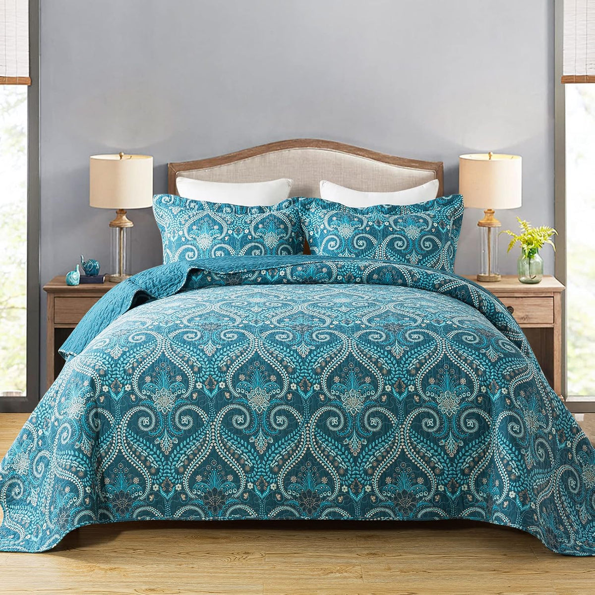 Travan 3-Piece Quilt Set Quilted Bedspread Lightweight Coverlet Set Garden Style Floral Printed Oversized Quilted Bedding Set with Shams for All Season, Exquisite, King Size