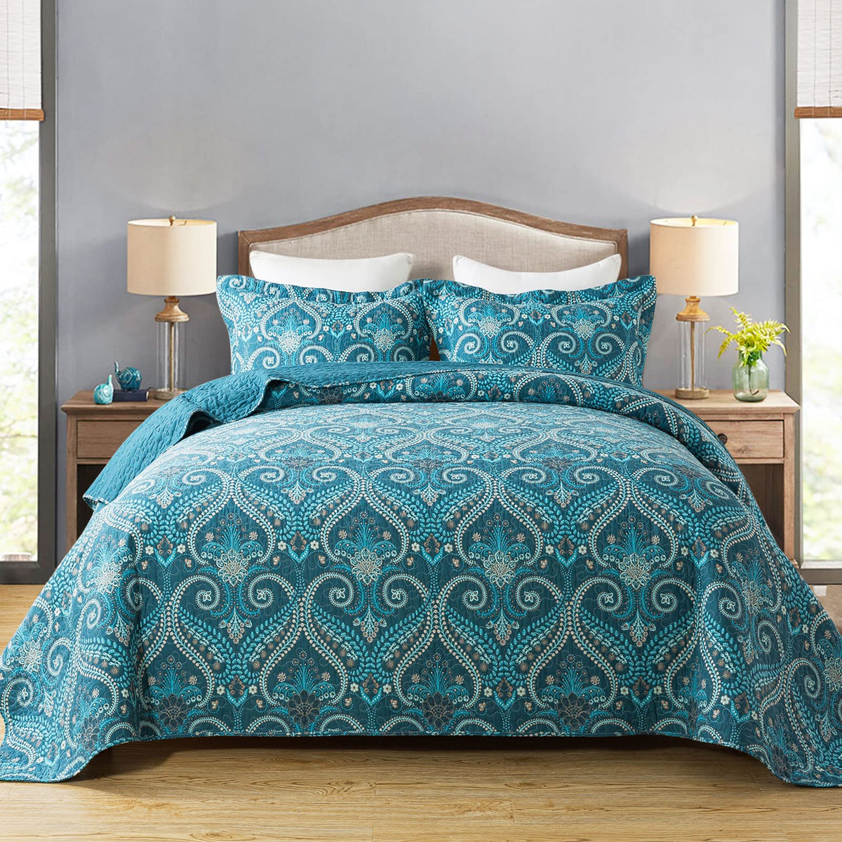 Travan 3-Piece Quilt Set Quilted Bedspread Lightweight Coverlet Set Garden Style Floral Printed Oversized Quilted Bedding Set with Shams for All Season, Exquisite, King Size
