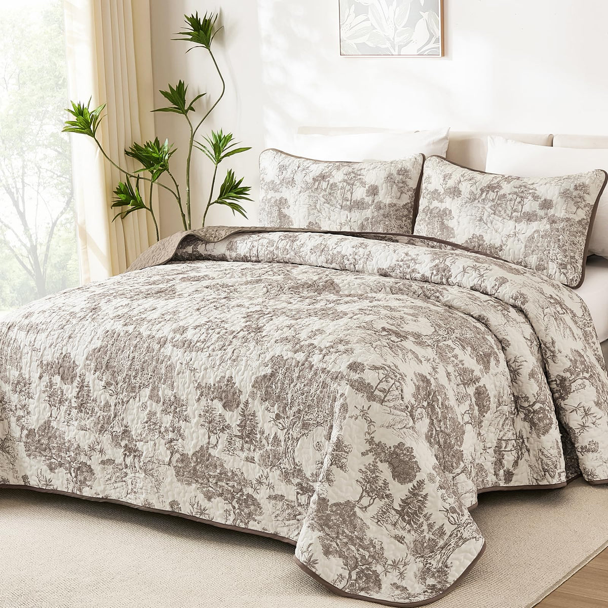 WONGS BEDDING Sage Green Quilt Set King Size, Botanical Floral Bedspread