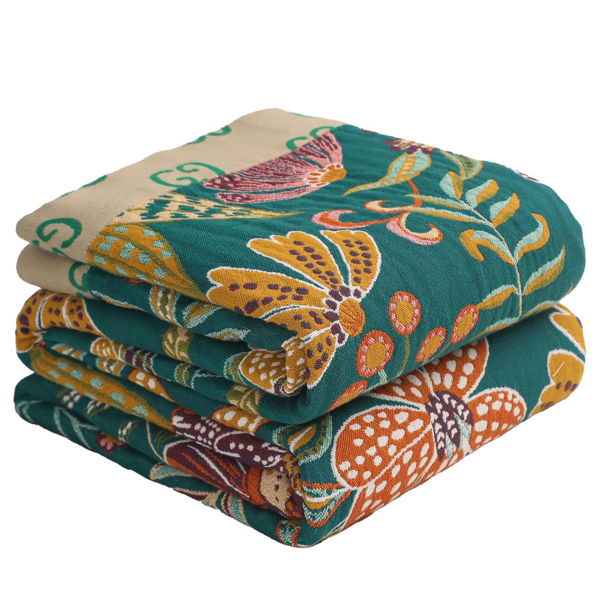 Floral Rustic Large Boho Throw Blanket 90"x98" Orange&Sage Green
