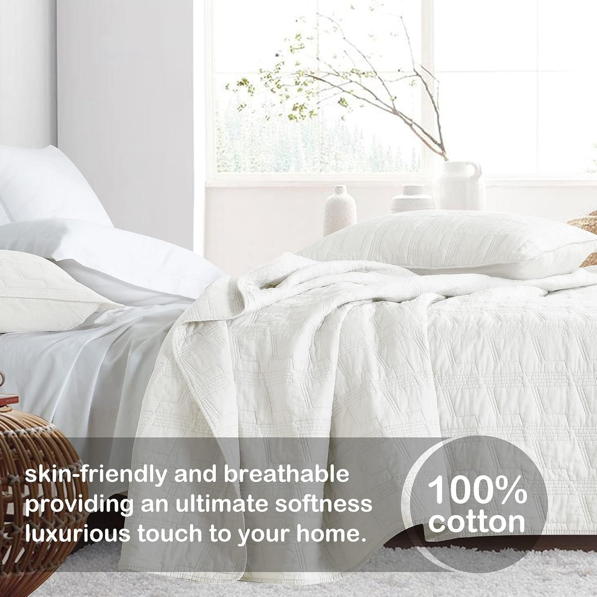 HORIMOTE HOME 100% Cotton Quilt Set Twin Size, White Pre-Washed 2-Piece Bedspread Coverlet Set, Cozy Lightweight Stitching Decorative Bedding Cover with 1 Shams in Geometric Pattern for All Season