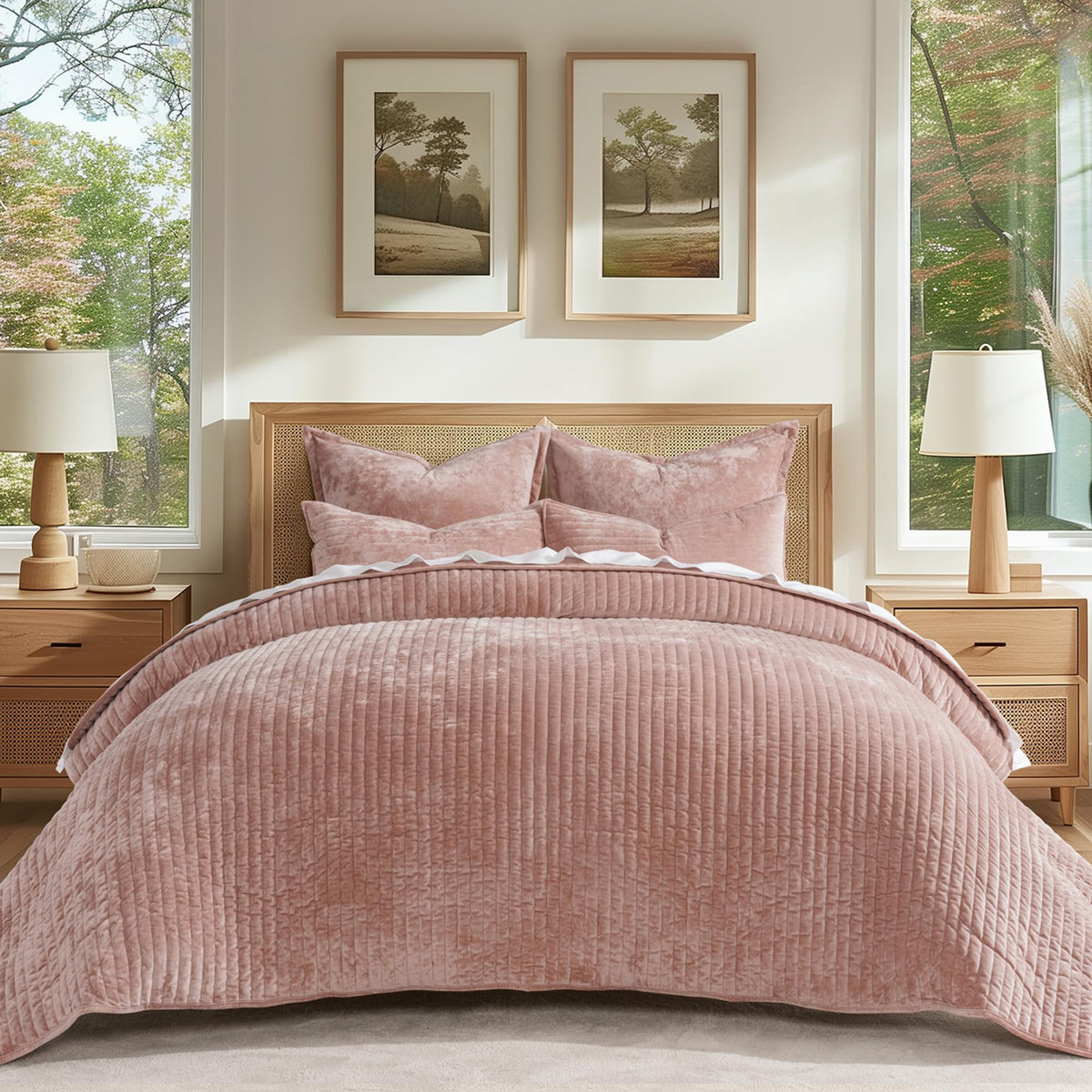 EverGrace Stripe Channel Luxury Velvet Quilt Set King Size, Mocha Brown