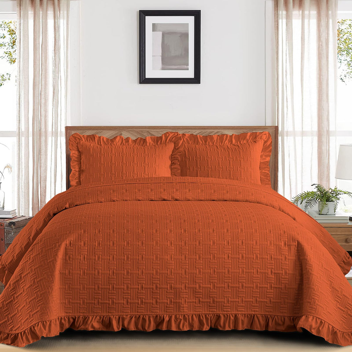 DJY Quilts Queen Size, Ruffled Reversible Bedding Set, Beige