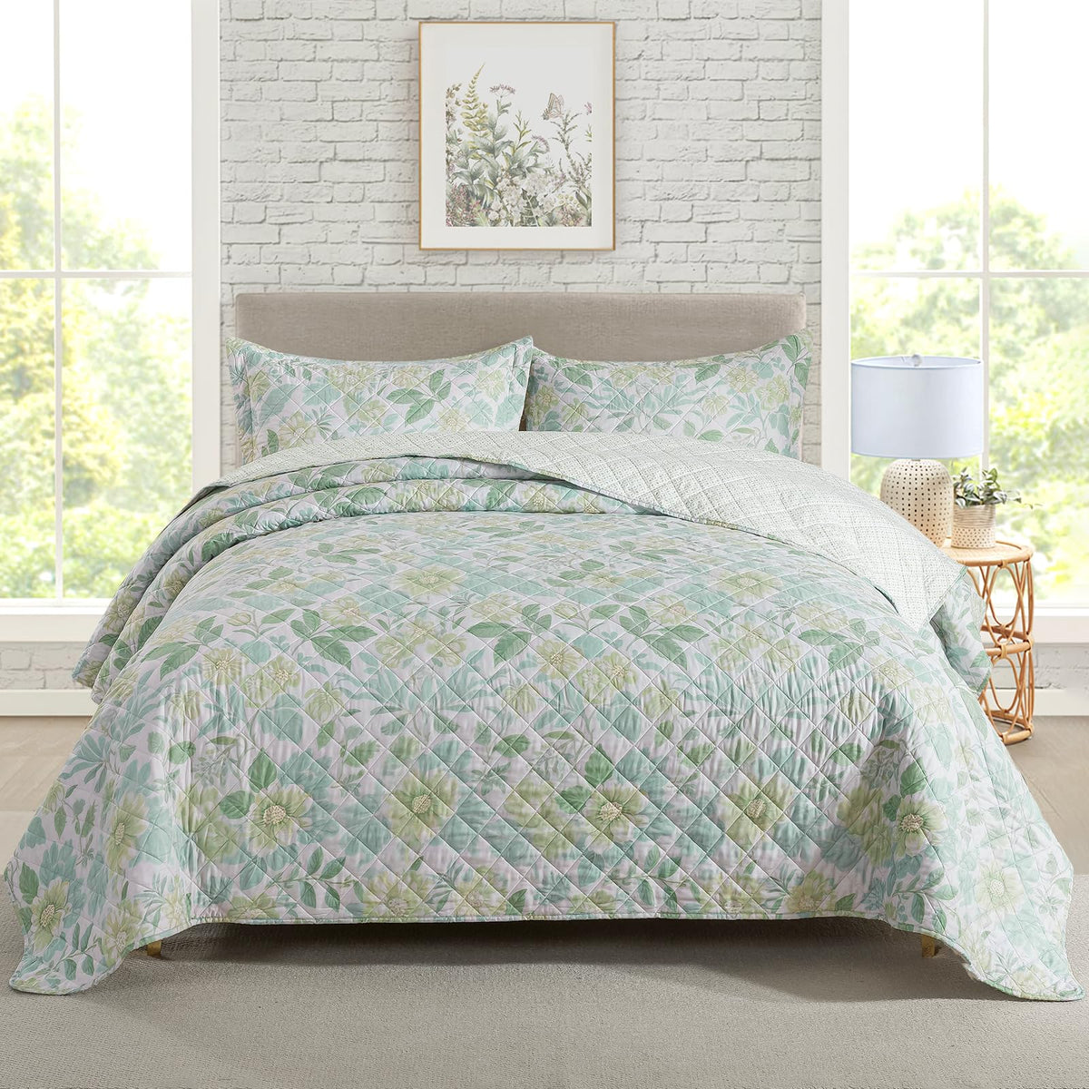 Travan 3-Piece Quilt Set Quilted Bedspread Lightweight Coverlet Set Garden Style Floral Printed Oversized Quilted Bedding Set with Shams for All Season, Exquisite, King Size