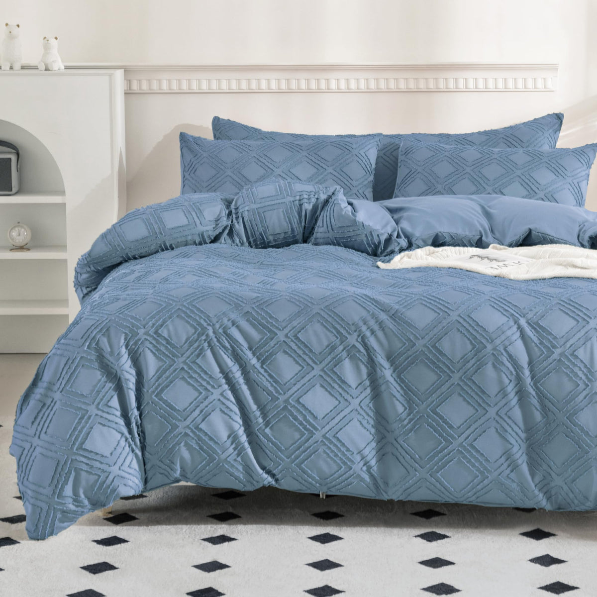 JELLYMONI White Striped Tufted Duvet Cover Set Queen Size
