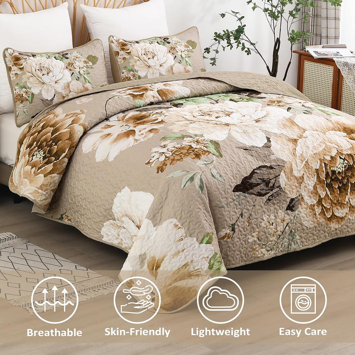 WONGS BEDDING Fall Quilt King Size, 3 Pcs Taupe Floral Bedspread Bedding