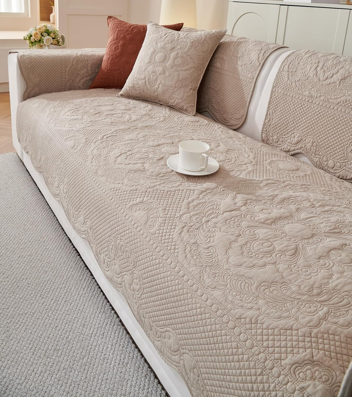 vctops Boho Cotton Quilted Couch Cover Soft Embroidered Sofa Cover Non-Slip Dog Bed Cover Scalloped Sofa Slipcover Washable Furniture Protector Cover (Khaki,28"x28")