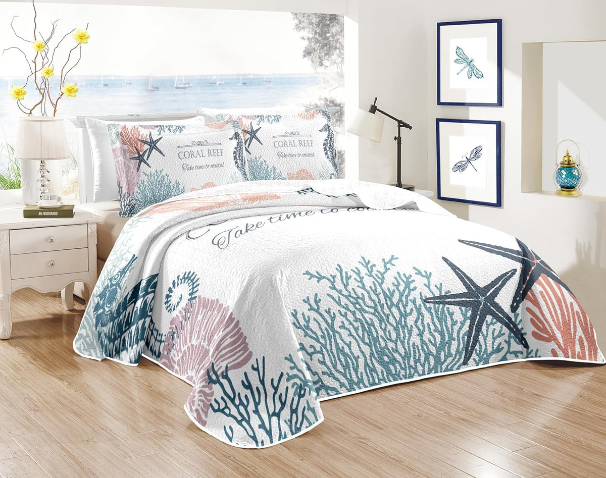 Nautical Queen Quilt Set, Coastal Seahorse Bedding, 3 Piece, 90"x96"