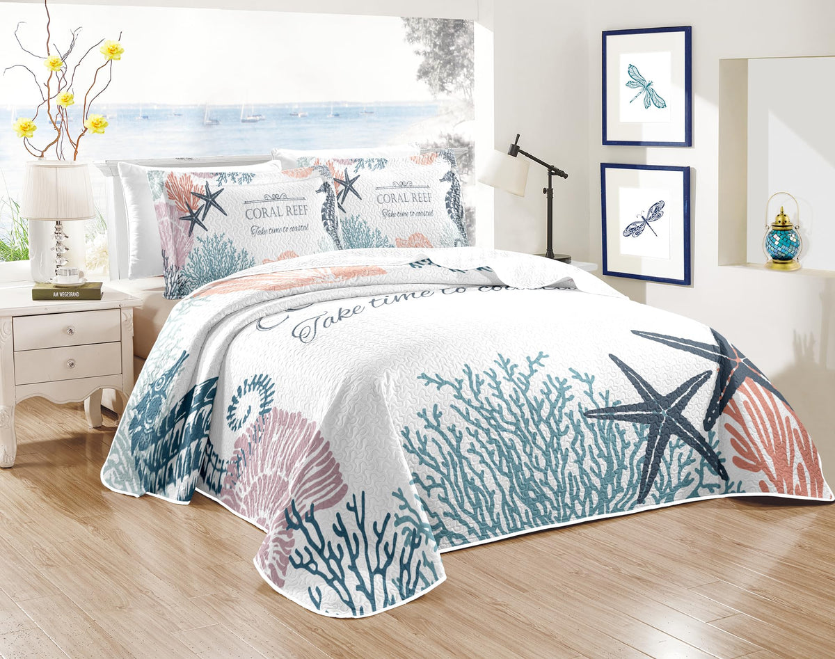 Nautical Queen Quilt Set, Coastal Seahorse Bedding, 3 Piece, 90"x96"