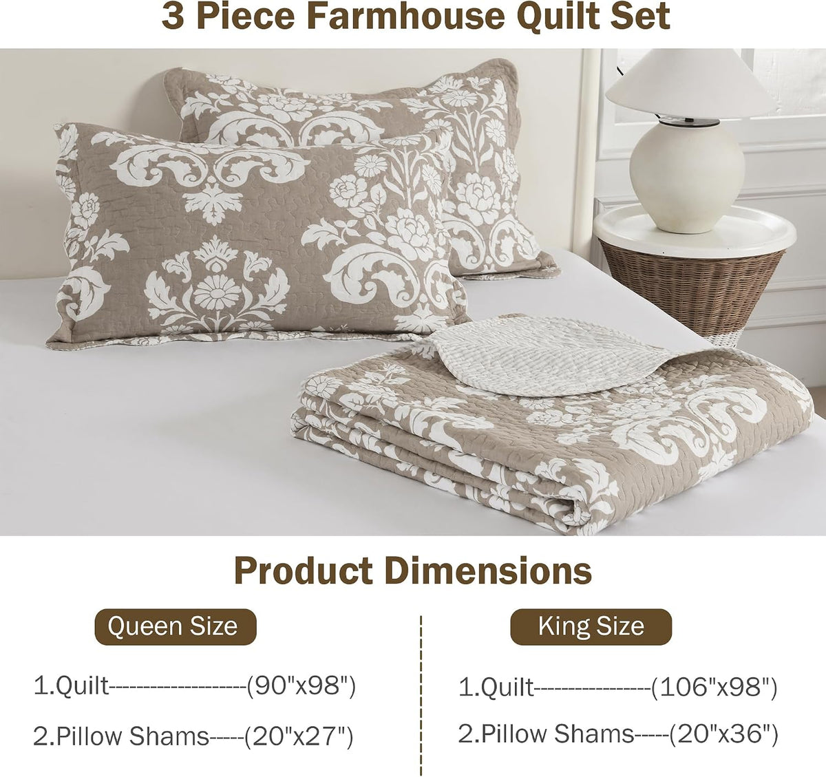 100% Cotton King Quilt Set Taupe Floral Bedding and 2 Pillow Shams