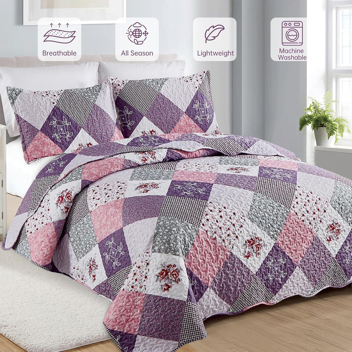 Dinjoy Boho Quilt Set Full Size, Patchwork Floral Bedspreads, Purple