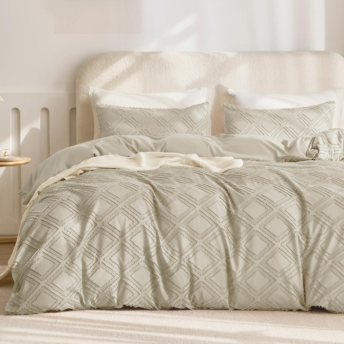 JELLYMONI White Striped Tufted Duvet Cover Set Queen Size