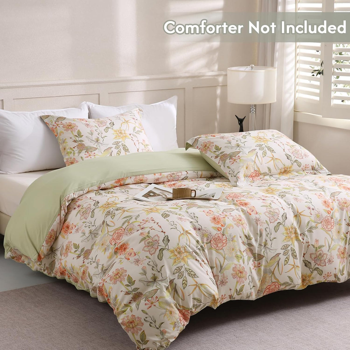LONAVA Queen Floral 3 Pcs Duvet Cover Set, Breathable Soft Microfiber Glass Green Lining Comforter Cover with Zipper Closure, and 2 Anti-Pilling, Fade Resistant Pillowcases, Fall Floral