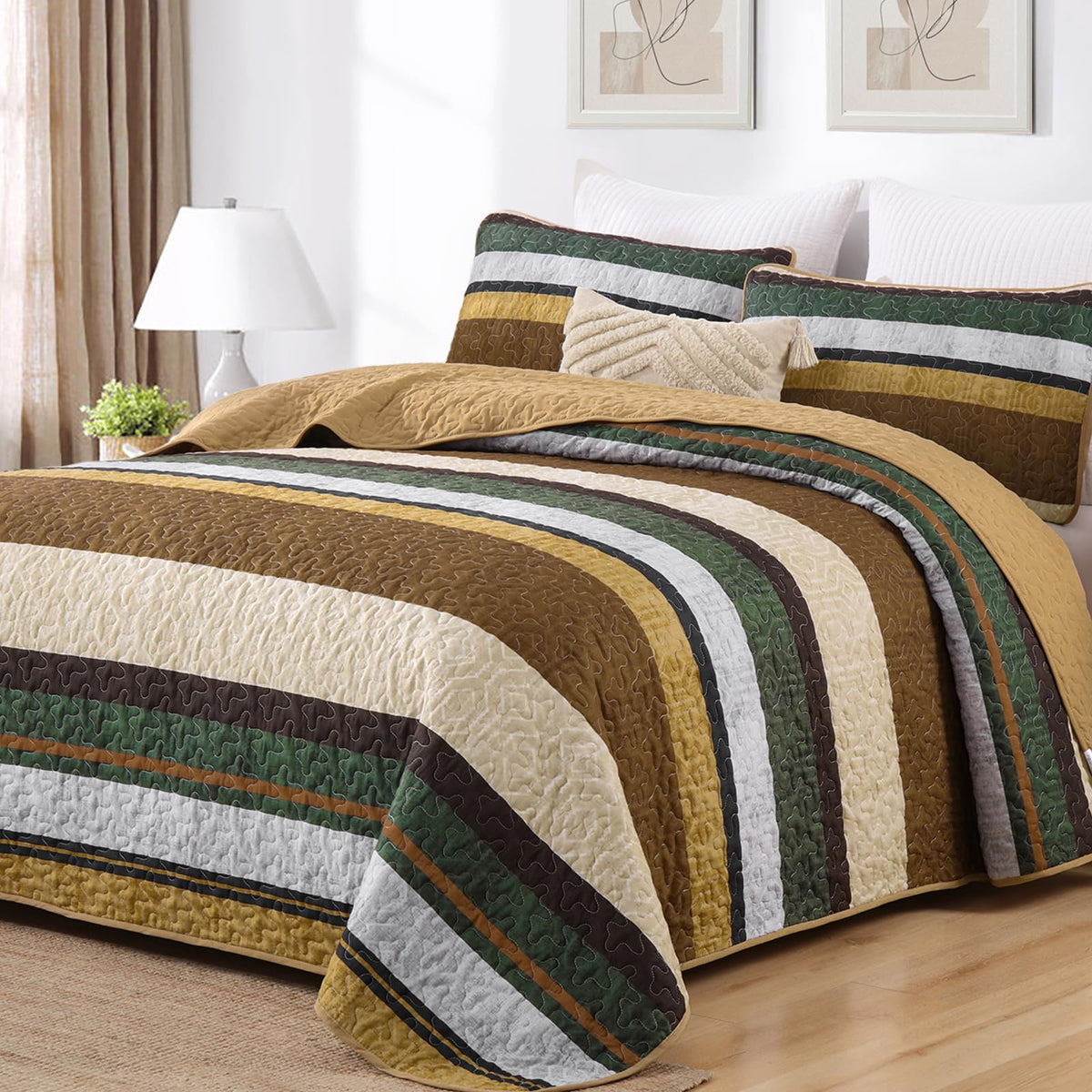 Dobuyly King Size Striped Quilt, Boho Brown Lightweight Bedspread Bedding