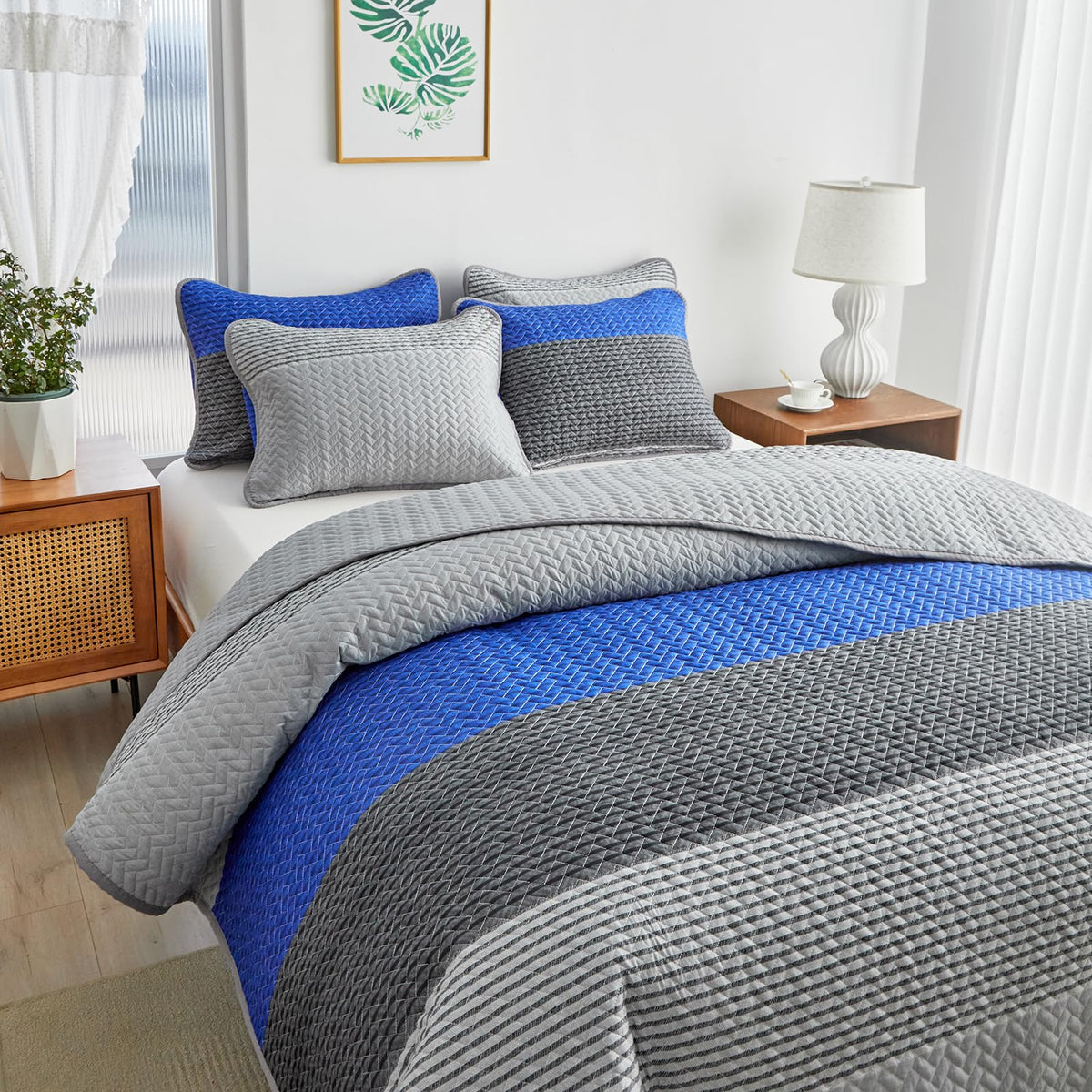 Flysheep Dark Grey Boho Quilt Set Full Queen Size, 3 Pcs White Striped on Gray Reversible Bedspread, Brushed Microfiber Coverlet for All Season, 1 Quilt + 2 Pillow Shams