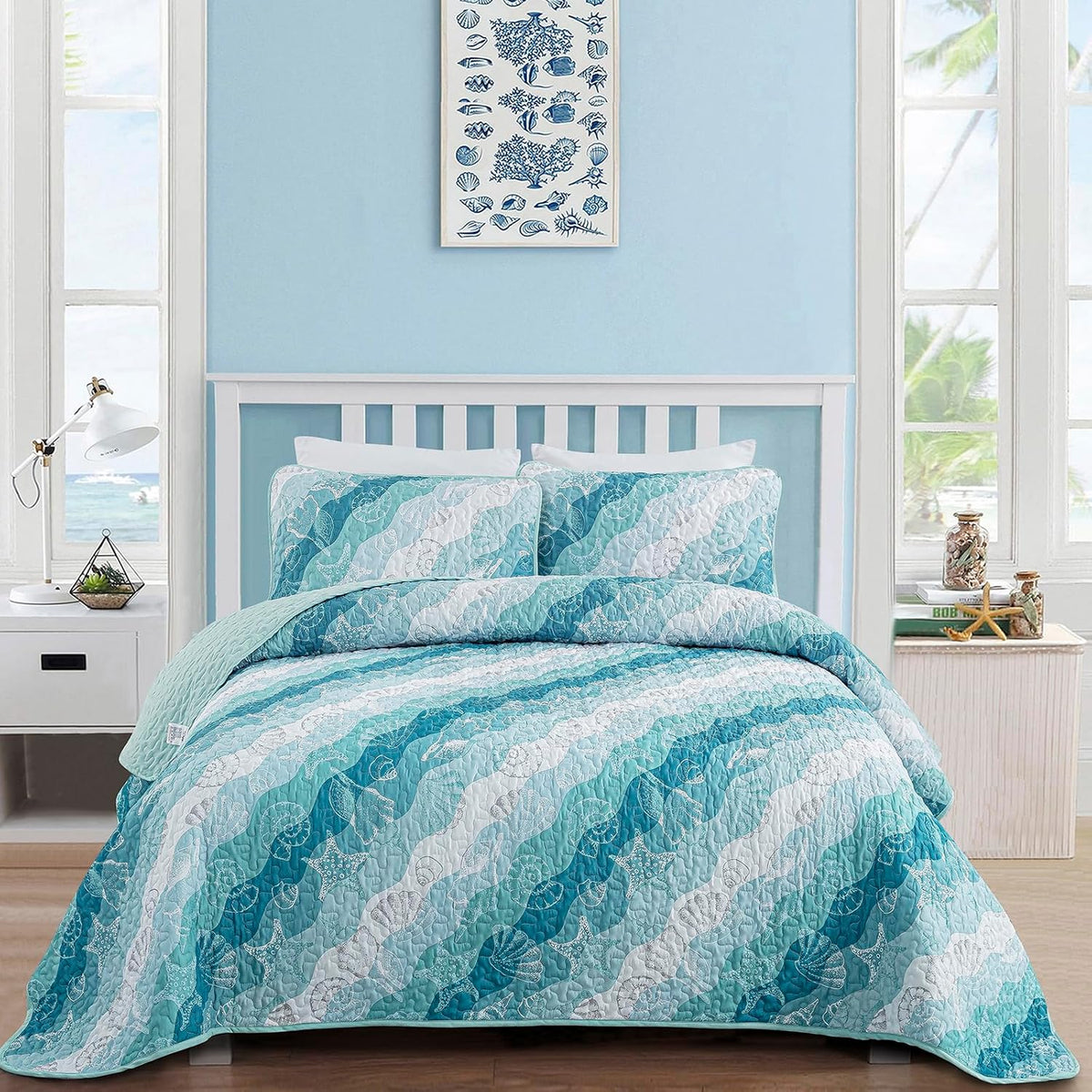 Dinjoy Coastal Quilts Queen Size, Blue Green Ocean Beach Themed Bedding Set