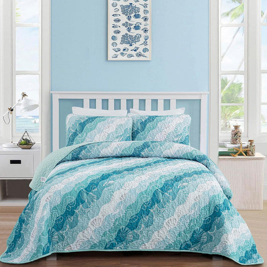 Dinjoy Coastal Quilts Queen Size, Blue Green Ocean Beach Themed Bedding Set