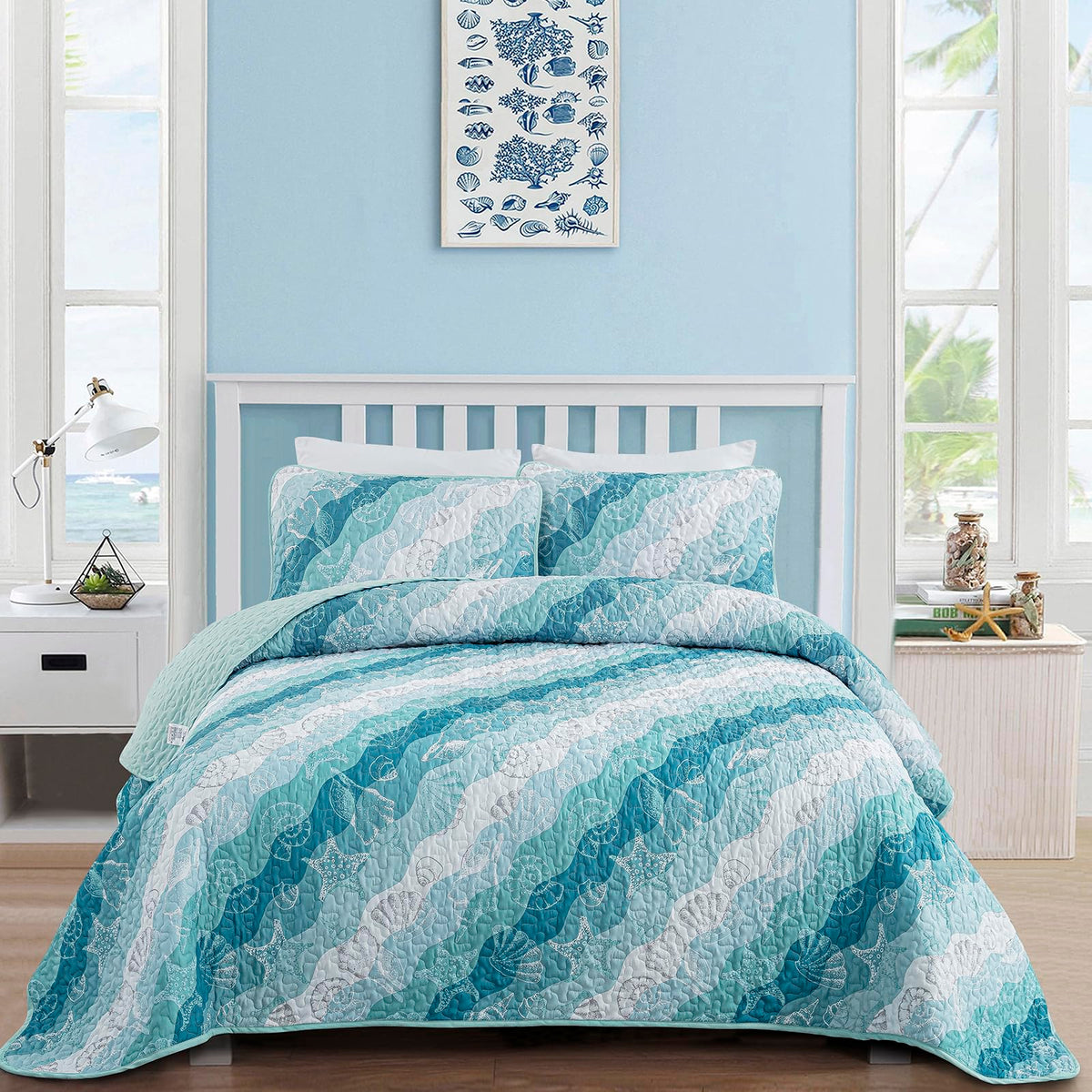 Dinjoy Coastal Quilts Queen Size, Blue Green Ocean Beach Themed Bedding Set
