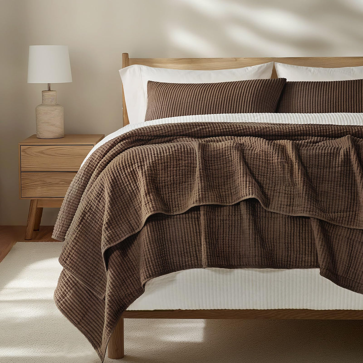 EVERGRACEHOME Cotton Ribbed Matelassé Coverlet Set, King Size, Clay