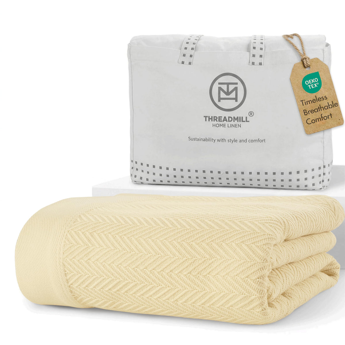 Threadmill Luxury 100% Cotton Twin Herringbone Blanket, Lilac