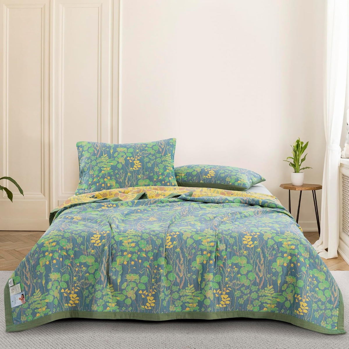 100% Cotton Muslin Botanical Blanket Jacquard Floral Plants Pattern Quilt, Soft Bed Cover Lightweight Breathable Gauzy Reversible Bedspread Coverlet Bedding King(98"x94"), No Pillow Sham