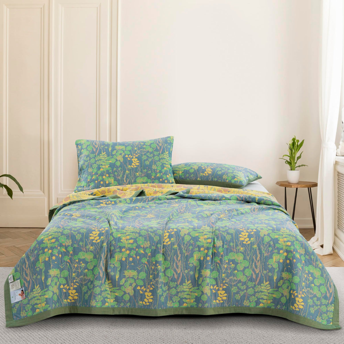 100% Cotton Muslin Botanical Blanket Jacquard Floral Plants Pattern Quilt, Soft Bed Cover Lightweight Breathable Gauzy Reversible Bedspread Coverlet Bedding King(98"x94"), No Pillow Sham