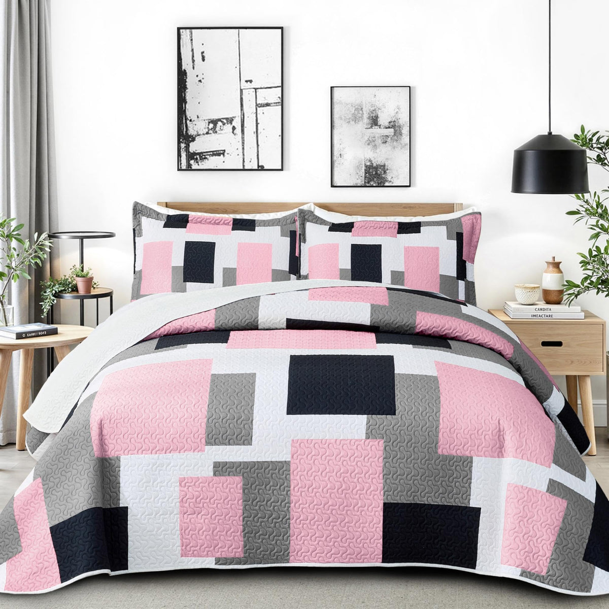 Tyrot 3 Piece Black Grey Quilt Full/Queen Size Black White Gray Bedding Set