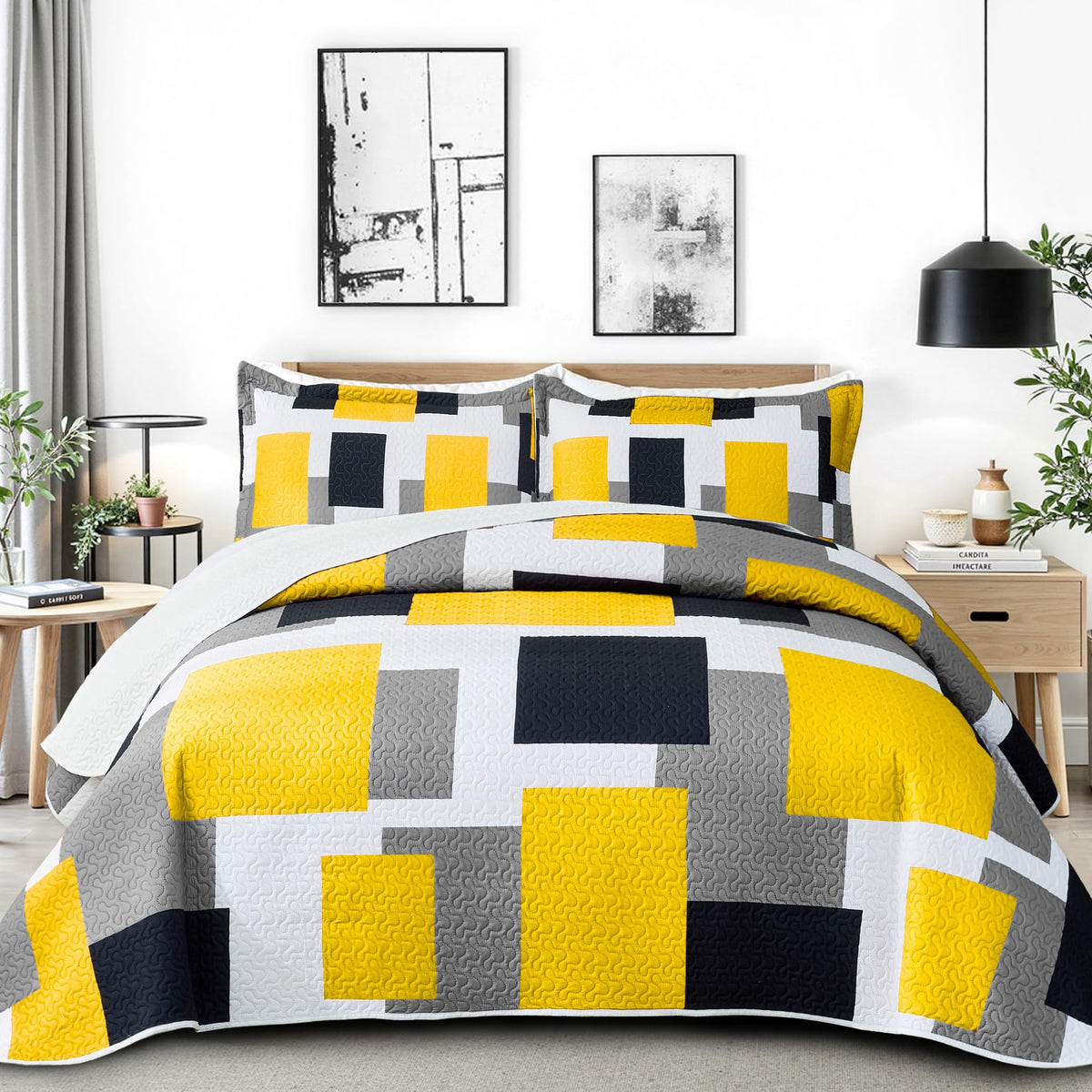 Tyrot 3 Piece Black Grey Quilt Full/Queen Size Black White Gray Bedding Set