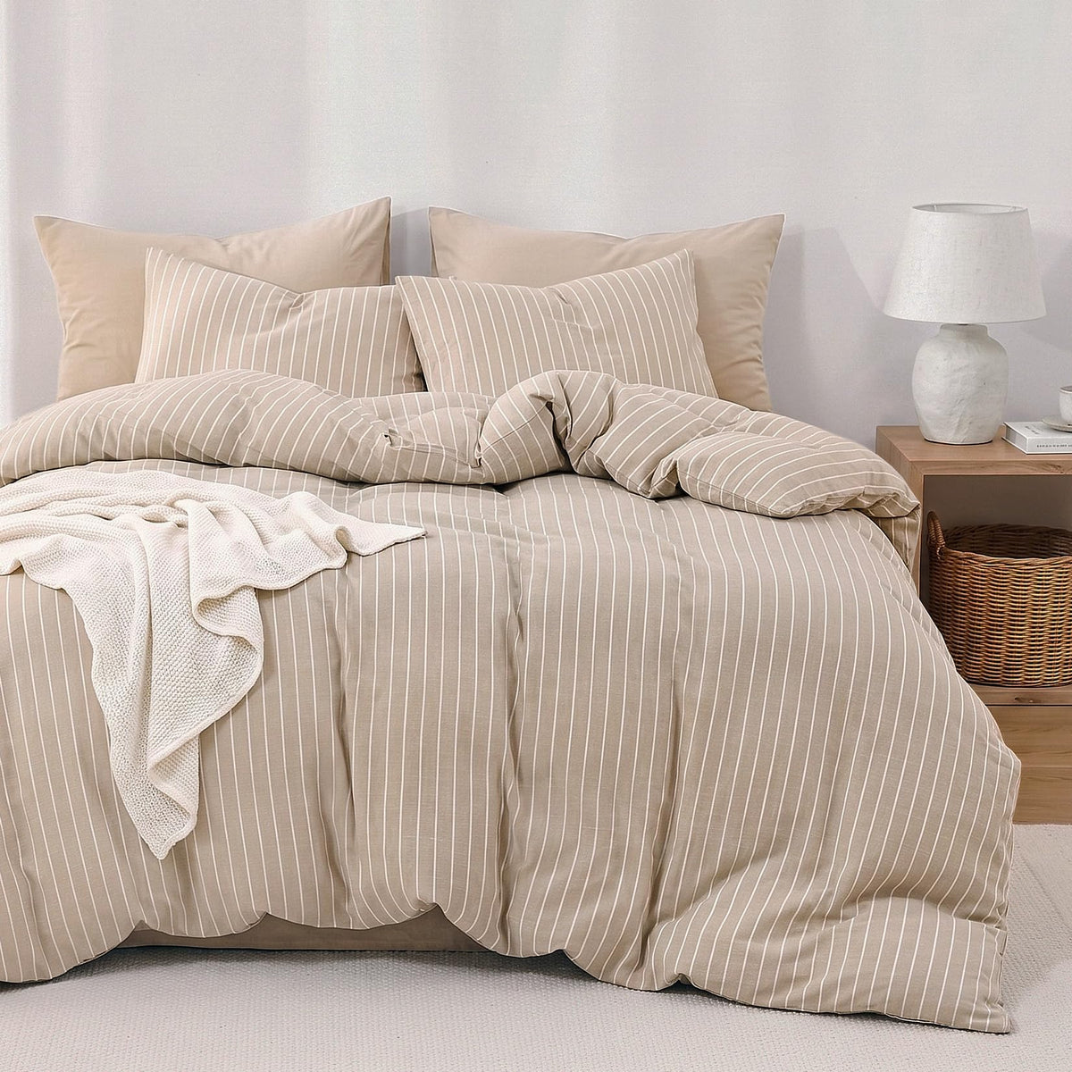 Wake In Cloud Striped Cotton Duvet Cover Set, White, Queen