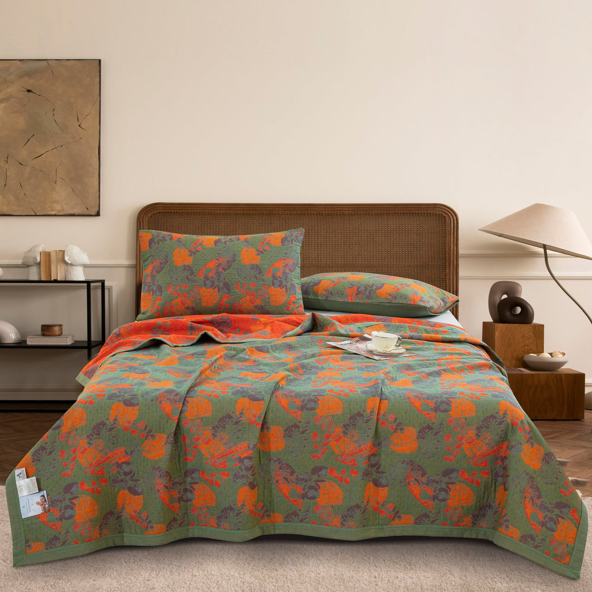 100% Cotton Muslin Botanical Blanket Jacquard Floral Plants Pattern Quilt, Soft Bed Cover Lightweight Breathable Gauzy Reversible Bedspread Coverlet Bedding King(98"x94"), No Pillow Sham