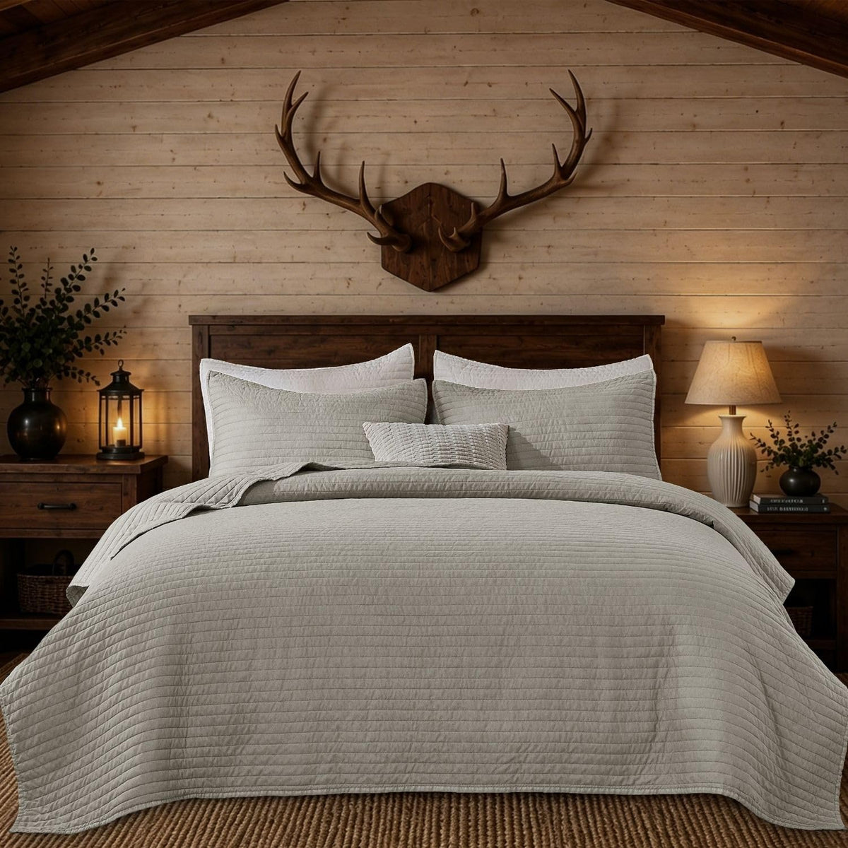 DOWN HOME King Quilt Bedding Set with Shams, Vintage Washed Quilted Blanket Thin Comforter Lightweight Bedspread Coverlet Bed Cover, Brushed Microfiber Stripe Stitching, Sandstone Brown, 104"x90"