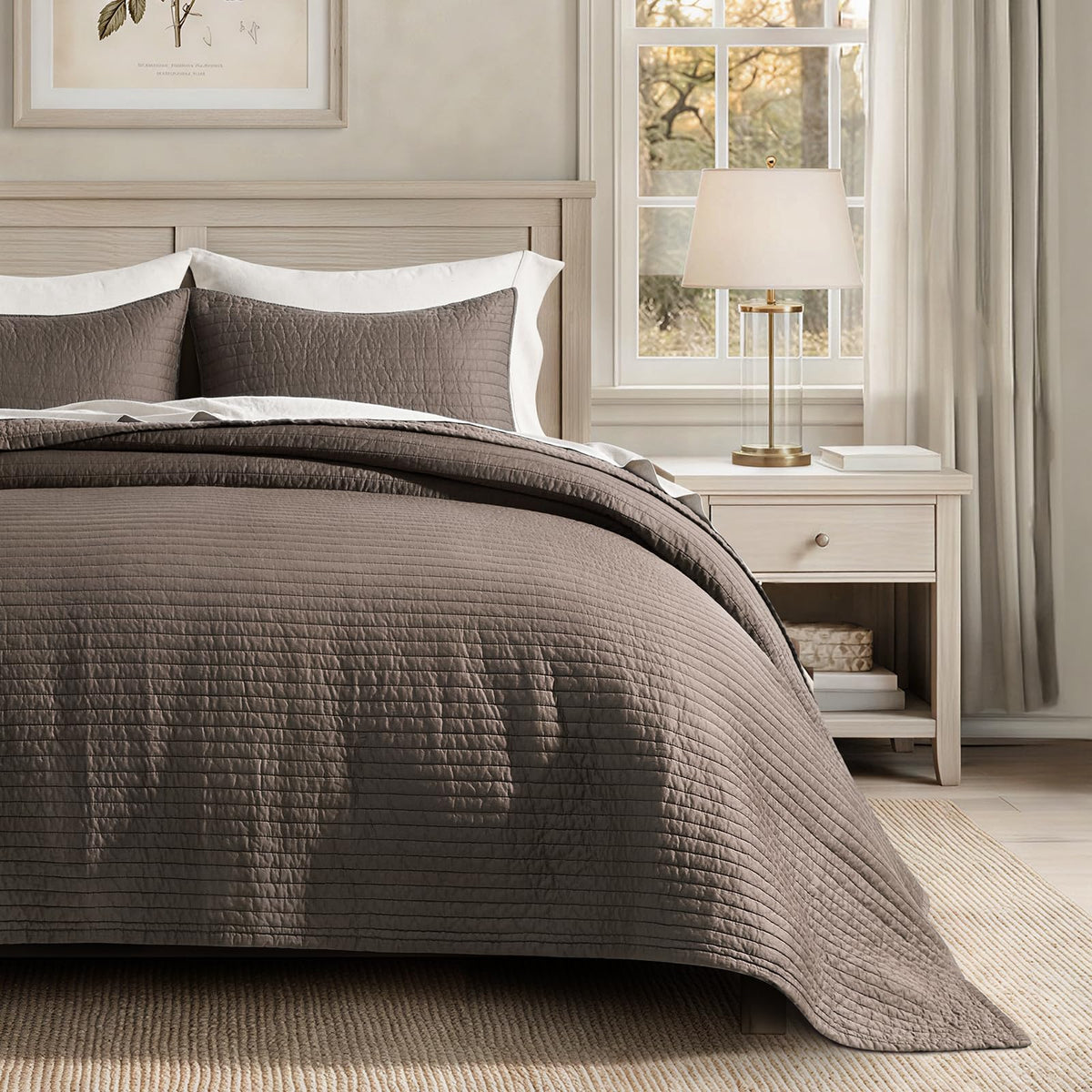 EVERGRACEHOME Cotton Sateen Quilt Set, King Size, Olive Green