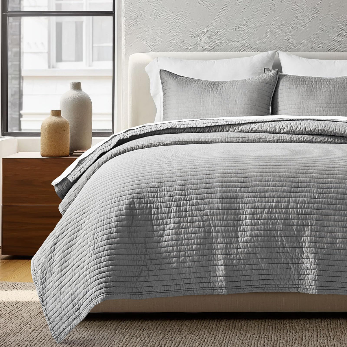 EVERGRACEHOME Cotton Sateen Quilt Set, King Size, Mocha Brown